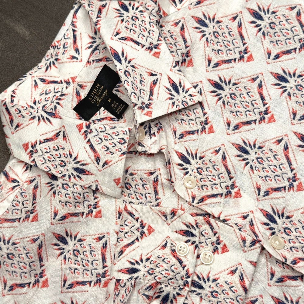 Club Room Button Down Men M White Pineapple Print 100% Linen Long Sleeve‎ Shirt